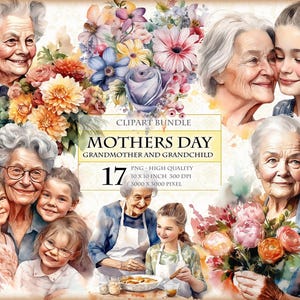 Día de la Madre, Maternidad, Abuela y nieta, Paquete de imágenes prediseñadas de acuarela, 17 PNG imprimibles de alta calidad, descarga instantánea de invitación de álbum de recortes.