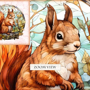 May include: A stained glass illustration of a red squirrel sitting on a branch with a blue and green background. The squirrel has a bushy tail and is looking to the right. The text "ZOOM VIEW" is visible in the image.