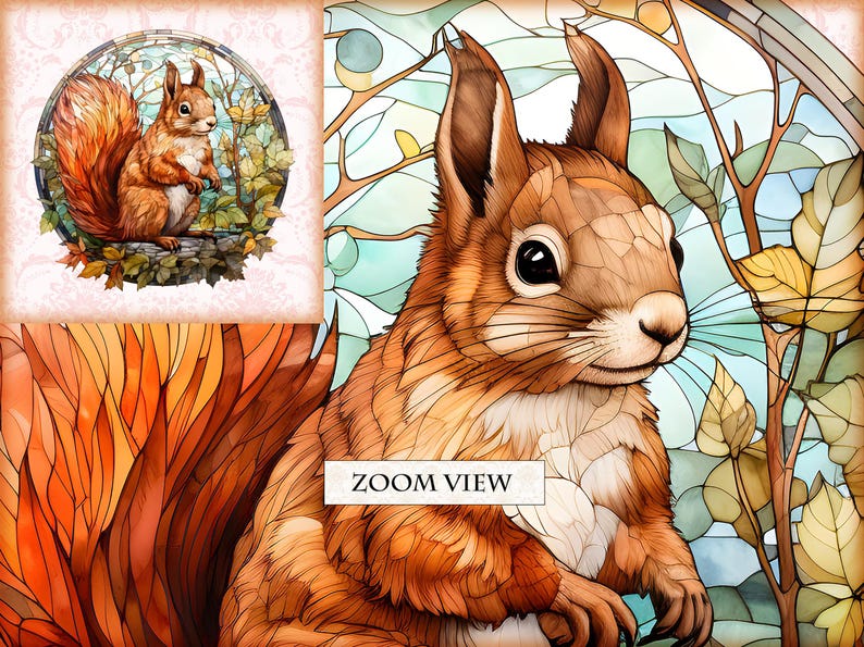 May include: A stained glass illustration of a red squirrel sitting on a branch with a blue and green background. The squirrel has a bushy tail and is looking to the right. The text "ZOOM VIEW" is visible in the image.
