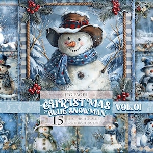Noël bleu bonhomme de neige Vol.01, paysage d'hiver, image numérique imprimable, album, carte postale de découpage 15 JPG 10 x 10 pouces, téléchargement immédiat.
