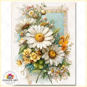 May include: A watercolor painting of a bouquet of daisies and other wildflowers. The daisies have white petals and yellow centers. The bouquet is set against a light blue and yellow background with the text "UNIQUE ART FACTORY".