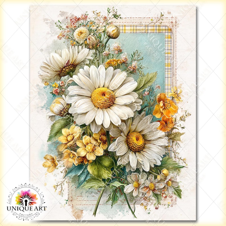 May include: A watercolor painting of a bouquet of daisies and other wildflowers. The daisies have white petals and yellow centers. The bouquet is set against a light blue and yellow background with the text "UNIQUE ART FACTORY".