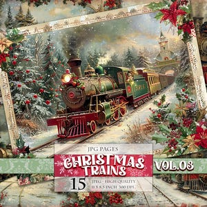 Christmas Trains Vol.03, Snowy Railway, afdrukbare 15 HQ JPG-afbeeldingen Scrapbook Junk Journal ansichtkaart decoupage, aquarel, direct downloaden.