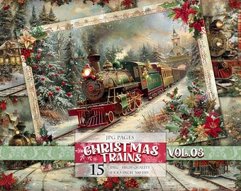 Könnte beinhalten: Ein Set mit 15 digitalen Scrapbook-Papierseiten mit Vintage-Weihnachtszug-Illustrationen. Die Seiten sind 11 x 8,5 Zoll groß und haben eine Auflösung von 300 DPI. Die Seiten haben ein rot-grünes Farbschema mit einer verschneiten Winterlandschaft.