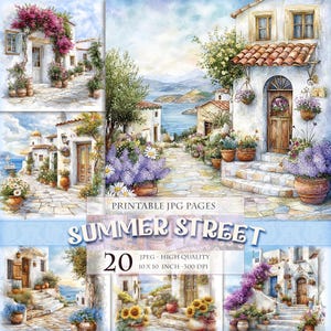 Summer Street, Spring Island-landschap, afdrukbare HQ 20 JPG-afbeelding, aquarel Junk Journal Folio Pages Scrapbook Efemere, Instant download.