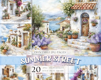 Summer Street, Spring Island Landscape, Printable HQ 20 JPG image, Watercolor Junk Journal Folio Pages Scrapbook Ephemera, Instant download.