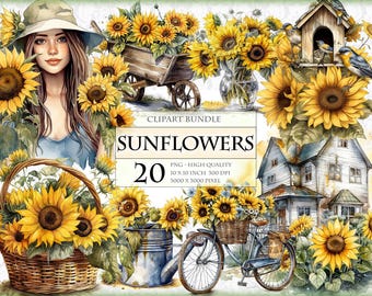 Sunflowers Watercolor Clipart Bundle - HQ Printable PNG format instant download