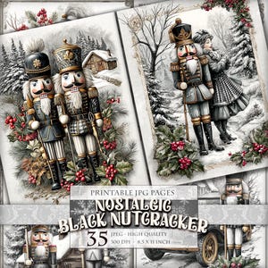 Nostalgic Black Nutcracker, Christmas Landscapes, Printable 35 JPG image page, vintage journal ephemera postcard decoupage instant download.