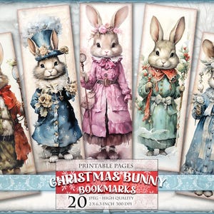 Op de afbeelding: Set van 20 printbare kerstkonijnen-bladwijzers. Elke bladwijzer heeft een andere konijn die winterkleding draagt en een feestelijk item vasthoudt. De bladwijzers zijn 5,1 cm bij 16 cm en 300 DPI.