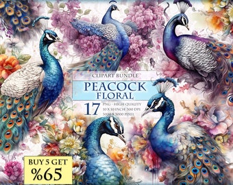 Majestic Peacock Floral, Watercolor Clipart Bundle, HQ Printable PNG format, instant download.