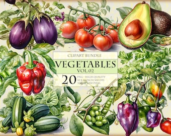 May include: A digital clipart bundle of 20 high-quality vegetables, including aubergine, peppers, tomatoes, avocado, courgette, and peas. The vegetables are illustrated in a watercolour style and are perfect for use in digital projects.