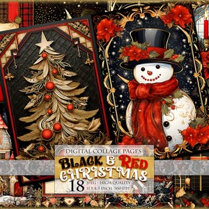Black and Red Christmas, Noel Views, Afdrukbare HQ 18 JPG-afbeelding, Ephemera, Junk Journal / Scrapbookpagina's, Craft Making, Instant download.
