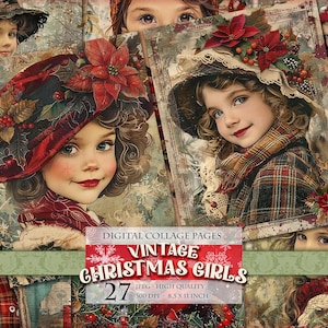 Filles de Noël vintage, image imprimable 27 JPG, pages de scrapbooking éphémères pour journal indésirable aquarelle, téléchargement immédiat de carte postale.