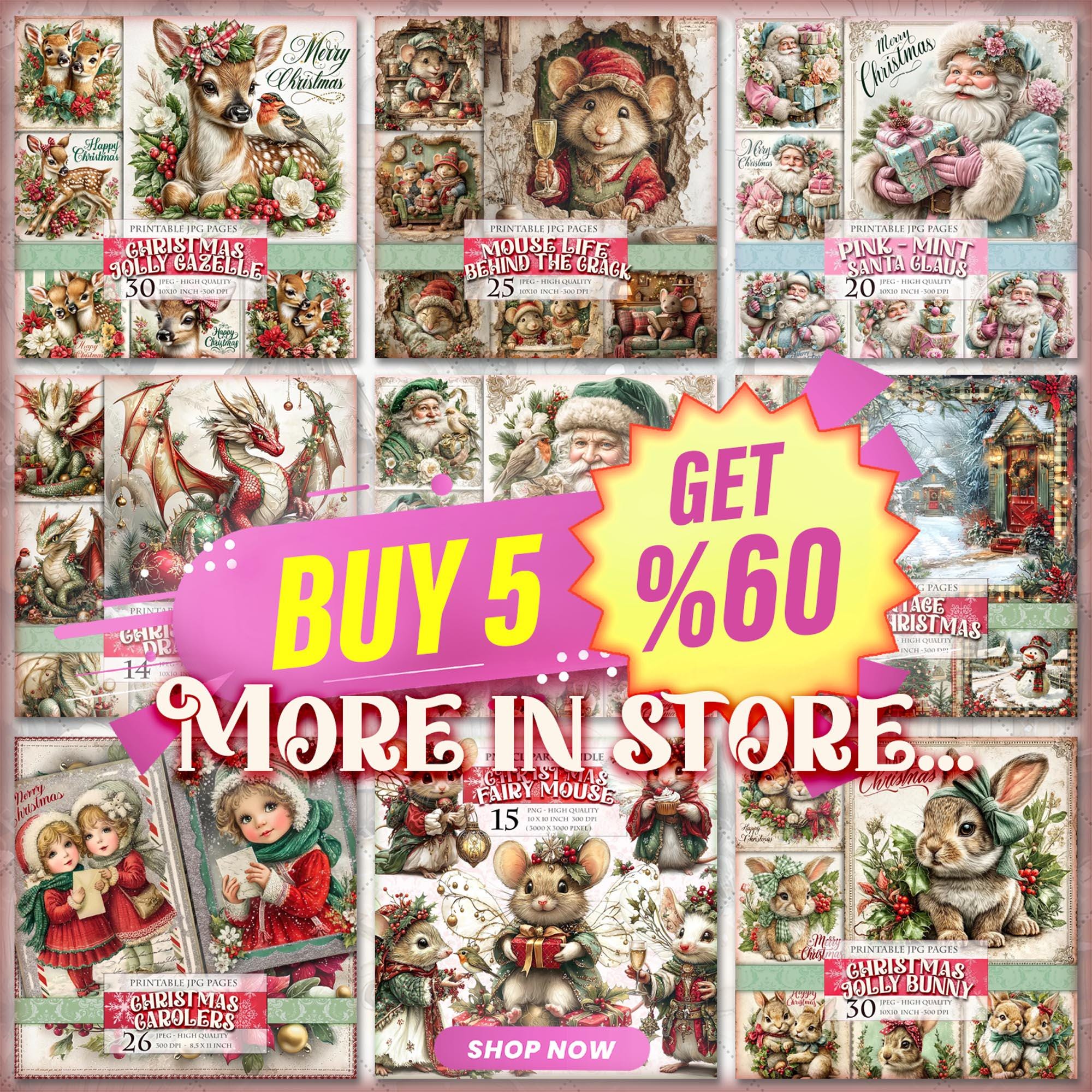 クリスマスバニー水彩ジャンクジャーナルページ、ラベル、ATC、22 JPG