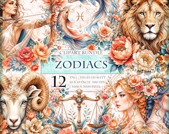 Zodiacs - Horoscope Signs, REMASTERED Astrological Watercolor ClipArt Bundle, Printable 12 PNG image
