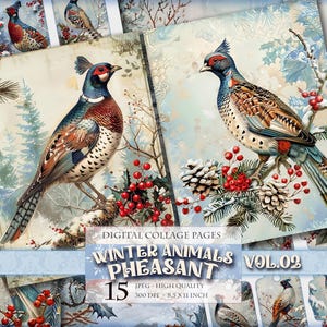 Animaux d'hiver - faisan Vol.02, paysage enneigé, image imprimable HQ 15 JPG, journal indésirable, album de coupures, éphémères coupes difficiles Téléchargement instantané.
