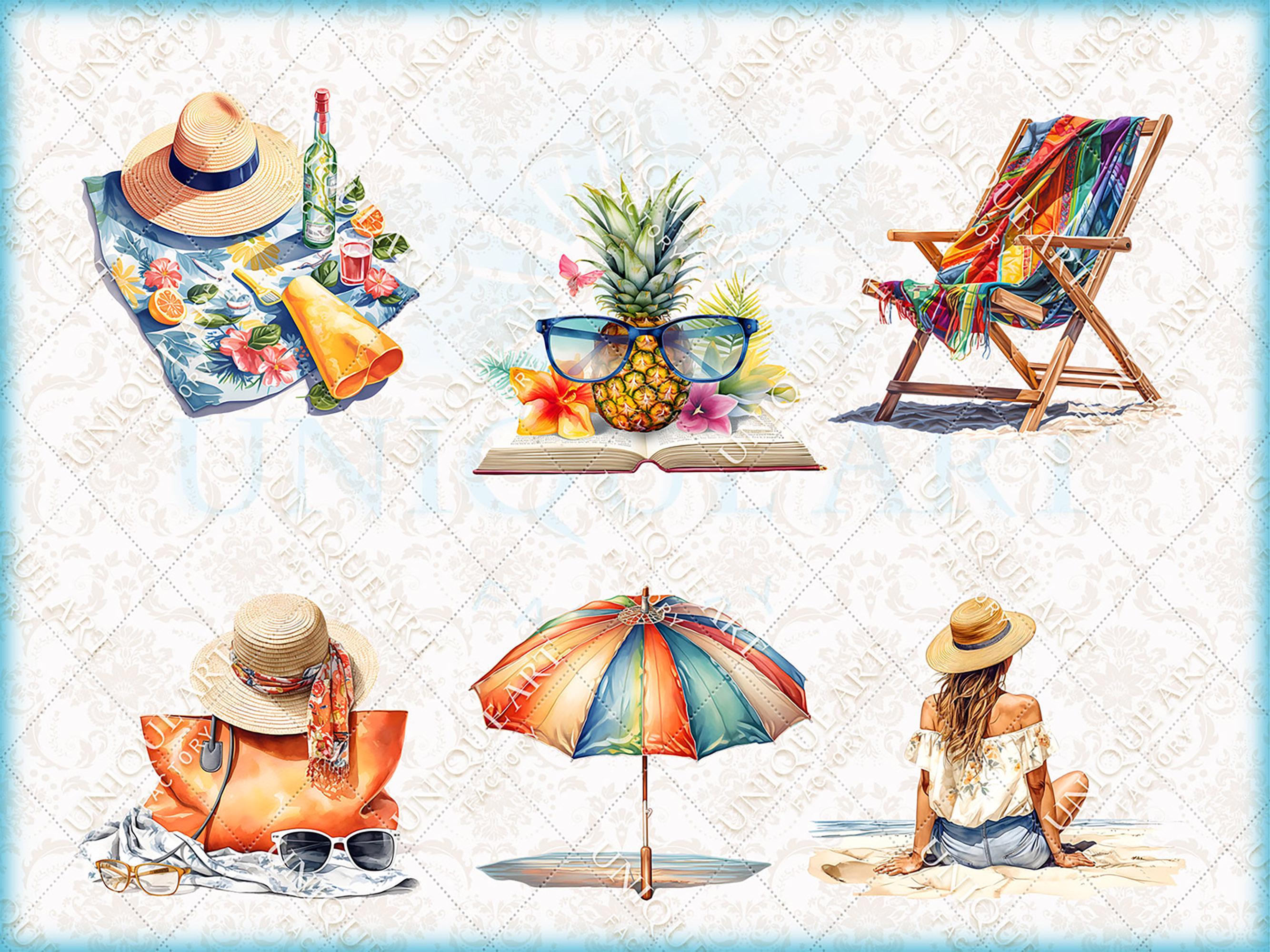 Summer Beach - Colorfully, Watercolor Clipart Bundle, 32 HQ Printable ...