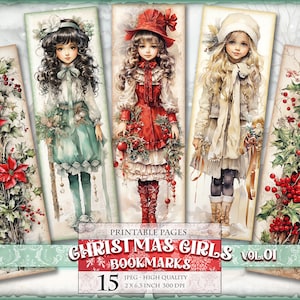 Signets Christmas Girls Vol.01, feuilles numériques aquarelles, 2 x 6,3 pouces 15 signets en 3 pages JPG imprimables, téléchargement immédiat.