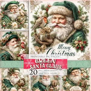 Green Santa Claus, Printable 20 JPG image, Christmas Gift Retro Vintage Clipart Journal Ephemera Postcard Making Decoupage instant download
