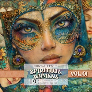 Spiritual Womens Vol.01, image imprimable HQ 19 JPG, pages de scrapbooking pour journal indésirable, art mural, affiche portrait de femme, téléchargement immédiat.