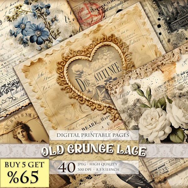 Old Grunge Lace Pages, Watercolor Scrapbook Collage Sheets, Printable 40 Single Page JPG - 11X8.5 inch, Instant download.