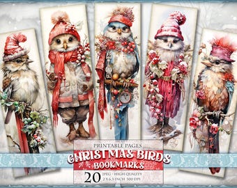 Christmas Birds Bookmark, Vintage Noel, Watercolor Digital Sheets, 2x6,3 inch 20 bookmarks in 4 printable JPG pages, Instant download.