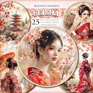 Geisha, traditioneel Japans, bloemen ronde clipart, afdrukbare 25 png-afbeelding, cirkelornamenten, deurhanger krans teken cadeau direct downloaden.