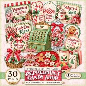 May include: A digital printable ephemera kit titled Peppermint Candy Shop featuring 30 pages of Christmas-themed illustrations including a green vintage cash register, glass jars filled with red and white striped sweets, gingerbread cookies, and gift tags.
