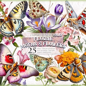 Florale Motten und Schmetterlinge Vol.01, Aquarell Clipart Bundle, 25 qql bedruckbar, transparentes PNG-Format, Sublimation, sofortiger Download.