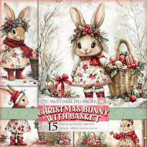 Weihnachtshase mit Korb, Multisize Printable 15 JPG Bild, Aquarell Clipart, Junk Journal Seite, Decoupage, Postkarte, sofort download.