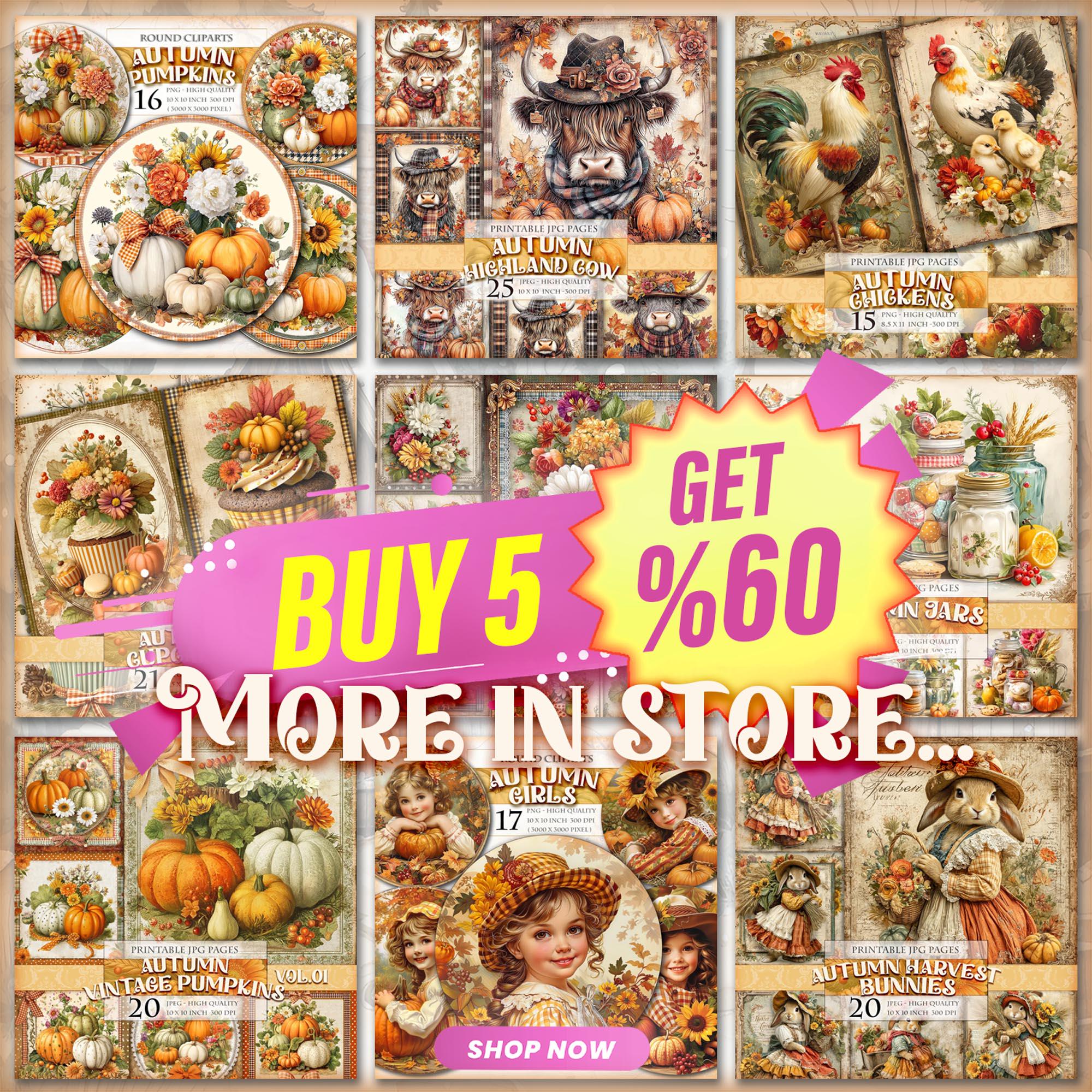 秋のウサギ、秋のウサギの水彩ジャンクジャーナルキット、18 JPG - 8.5