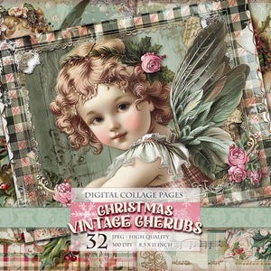 Cherubini vintage di Natale, foglio di collage digitale, pagine stampabili, HQ 32 JPG - pagina singola 11 X 8,5 pollici, download immediato.