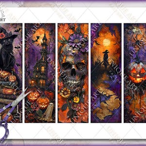 May include: A set of five Halloween-themed art prints. Each print features a different spooky image: a black cat in a witch hat, a haunted house, a skull, a silhouette of a witch, and a jack-o'-lantern. The prints have a dark, textured, and colorful style.