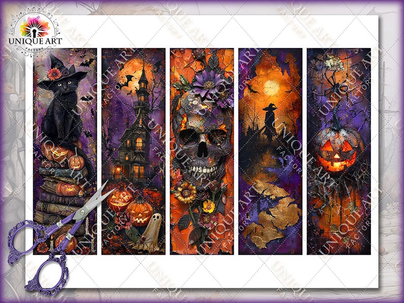 May include: A set of five Halloween-themed art prints. Each print features a different spooky image: a black cat in a witch hat, a haunted house, a skull, a silhouette of a witch, and a jack-o'-lantern. The prints have a dark, textured, and colorful style.