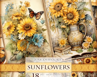 Kit de diario basura de acuarela de girasoles, 18 imágenes JPG imprimibles, hojas de collage, páginas de álbumes de recortes, creación de postales, decoupage, descarga instantánea.