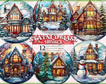 Christmas Stained Glass Houses, Winter House, Watercolor Clipart Bundle, 12 HQ Printable PNG, round door ornament sign, instant download.