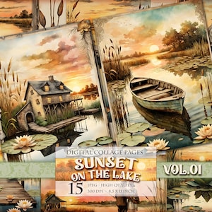 Sunset On The Lake Vol.01, aquarel plakboek - ongewenste dagboek collagebladen, afdrukbare 15 enkele pagina JPG - 11 x 8,5 inch, directe download.