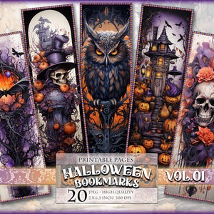 Halloween Bookmarks Vol.01, Watercolor Digital Sheets, 2x6,5 inch 20 Bookmarks in 4 printable JPG pages, Instant download.