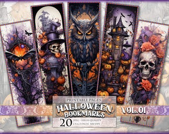 Halloween Bookmarks Vol.01, Watercolor Digital Sheets, 2x6,5 inch 20 Bookmarks in 4 printable JPG pages, Instant download.