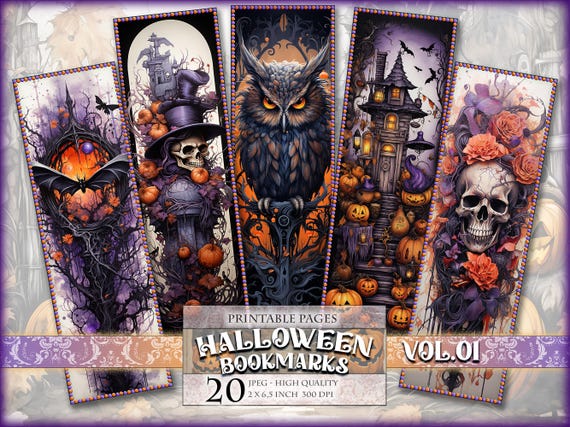 Halloween Bookmarks Vol.01, Watercolor Digital Sheets, 2x6,5 inch 20 Bookmarks in 4 printable JPG pages, Instant download.