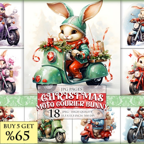 Christmas Moto Courier Bunny, Watercolor Printable Pages, Digital Collage Sheet, HQ 18 JPG - 13,5 X 13,5 inch, Instant download.