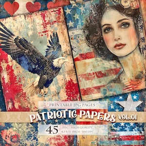 American Patriotic Papers Vol.01, Printable HQ 45 JPG image, Junk Journal Folio Pages, Scrapbook Ephemera, Decoupage, Instant download.