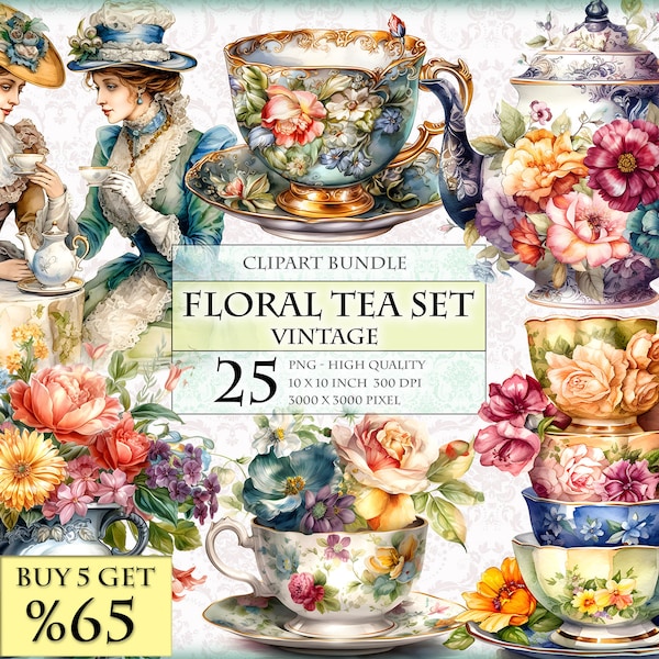 Vintage Floral Tea Set / Tea Time / Tea Party - Watercolor Clipart Bundle - HQ Printable PNG format instant download.