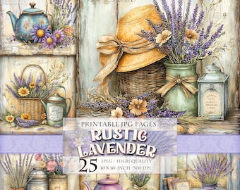 Rustic Lavender, Spring Flowers, Floral Clipart, Printable HQ 25 JPG image, Junk Journal Folio Pages, Scrapbook Ephemera, Instant download.