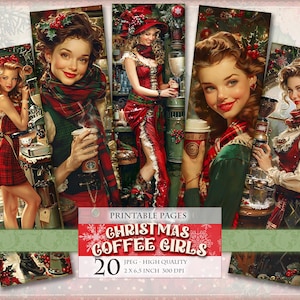 Weihnachts Kaffee Mädchen Lesezeichen, Aquarell digitale Blätter, 2 x 6,5 Zoll 20 Lesezeichen in 4 druckbare JPG Seiten, Scrapbook Sofort Download.