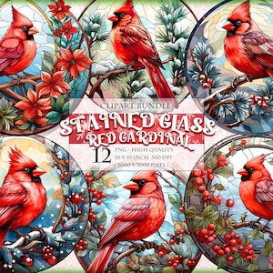 Weihnachten - Buntglas Roter Kardinal, Noel Vögel, Aquarell Clipart Bundle, 12 QUAR frei druckbare PNG, runde Türverzierung, sofortiger Download.