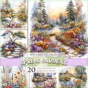 Jardins de printemps, paysage floral, image imprimable HQ 20 JPG, pages folio de journal indésirable, albums éphémères, téléchargement immédiat.
