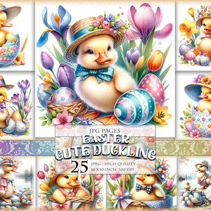 May include: A set of 25 digital images featuring cute ducklings in various Easter-themed scenes. The ducklings are wearing hats and surrounded by colourful eggs, flowers, and baskets. The images are high quality and perfect for crafting or digital scrapbooking.
