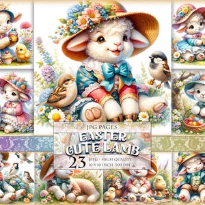 Agnellini pasquali carini, raccolta di clipart, 23 JPG stampabili ad alta qualità, immagini digitali per scrapbooking, inviti, decoupage, cartoline, download immediato.
