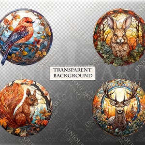 May include: Four round stained glass illustrations featuring a red bird, a rabbit, a deer, and a squirrel. Each illustration is set against a background of autumn leaves and trees.